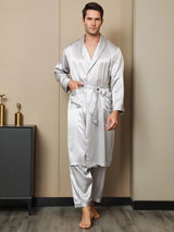 [Ljusgrå] SilkSilky-SE 19Momme Rent Silke Lång Ärm Mens Robe 006