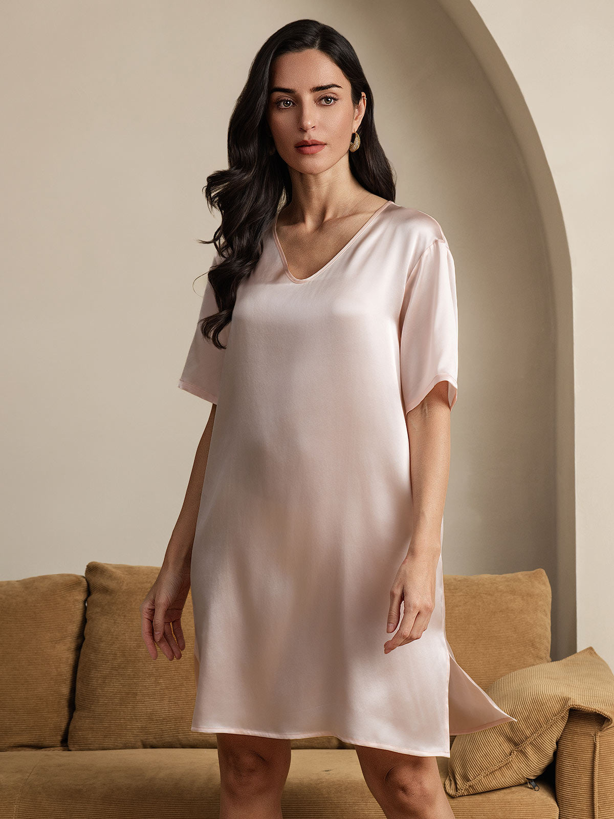 [Ljusrosa] SilkSilky-SE Pure Silk Kort Ärm Nightgown 004