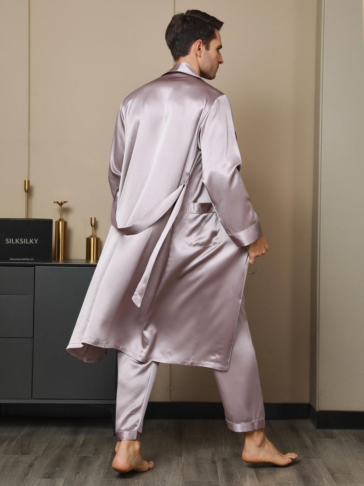 [Blek Mauve] SilkSilky-SE 19Momme Rent Silke Lång Ärm Mens Robe 002