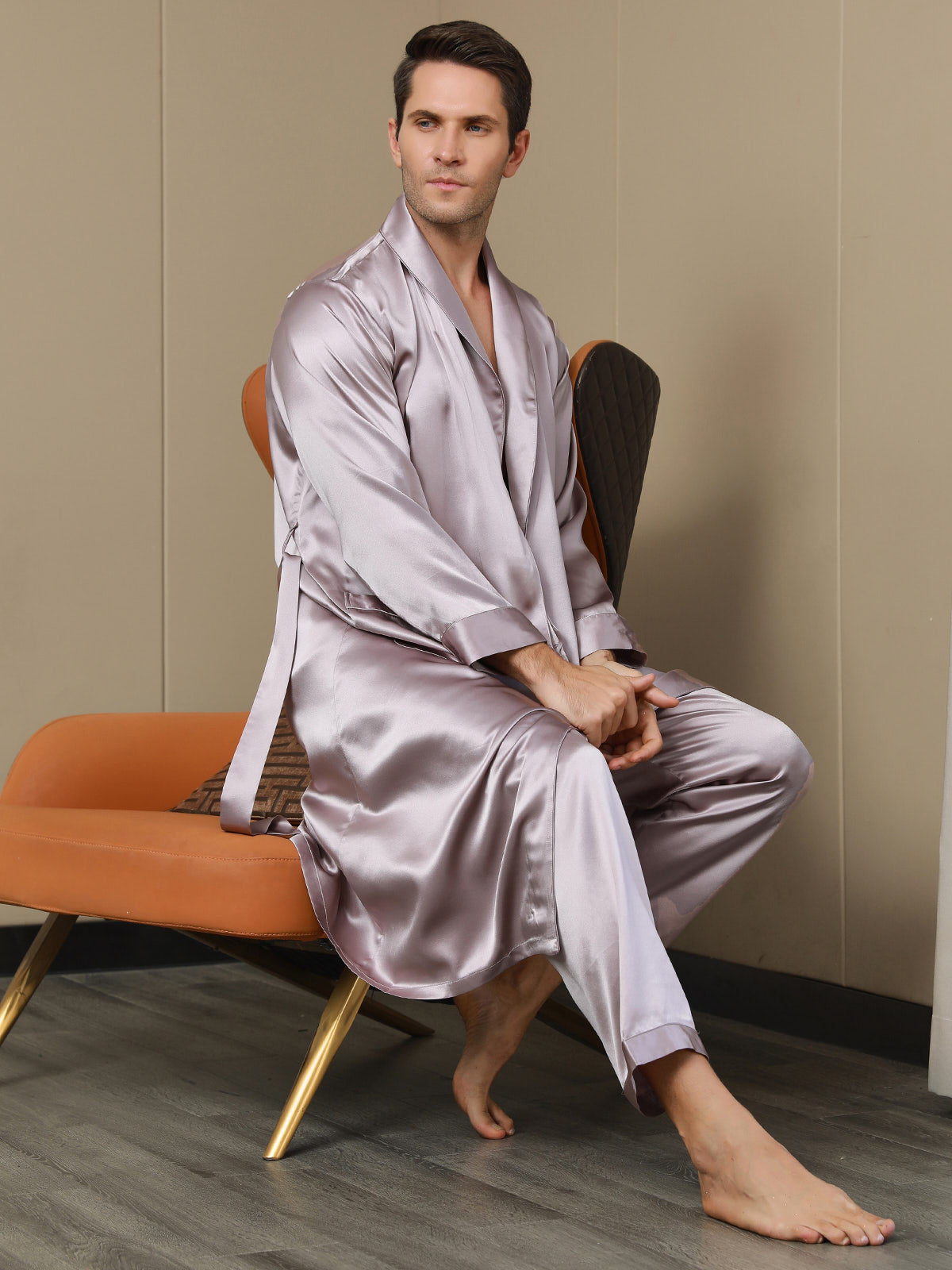 [Blek Mauve] SilkSilky-SE 19Momme Rent Silke Lång Ärm Mens Robe 003