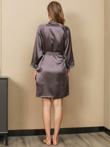 [Lila Grå] SilkSilky-SE 3/4 Sleeve V Neck Dam Nattlinne&Morgonrock Set 006