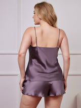 [Lila Grå] SilkSilky-SE Spaghetti Rem V Ringning Plus Storlek Camisole Set 002