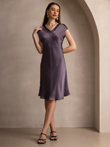 [Lila Grå] SilkSilky-SE Cap Sleeve V Neck Klänning 005