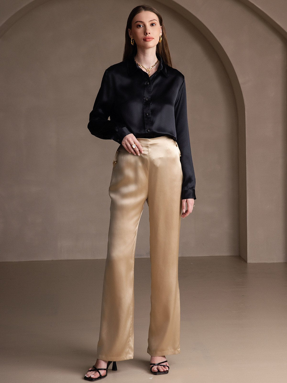 [Svart] SilkSilky-SE 19Momme Lång Ärm Slagkrage Damskjorta 006