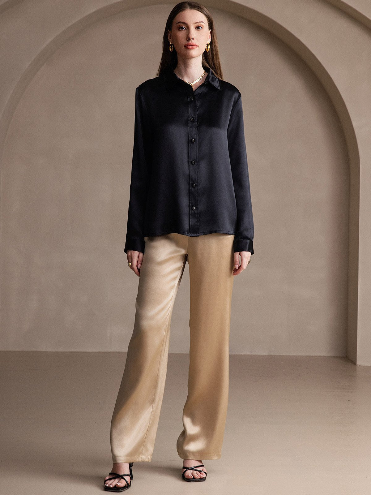 [Svart] SilkSilky-SE 19Momme Lång Ärm Slagkrage Damskjorta 007