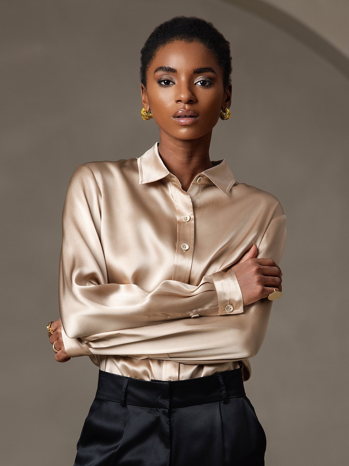 [Champagne] SilkSilky-SE Long Sleeve Lapel Collar Damskjorta 001