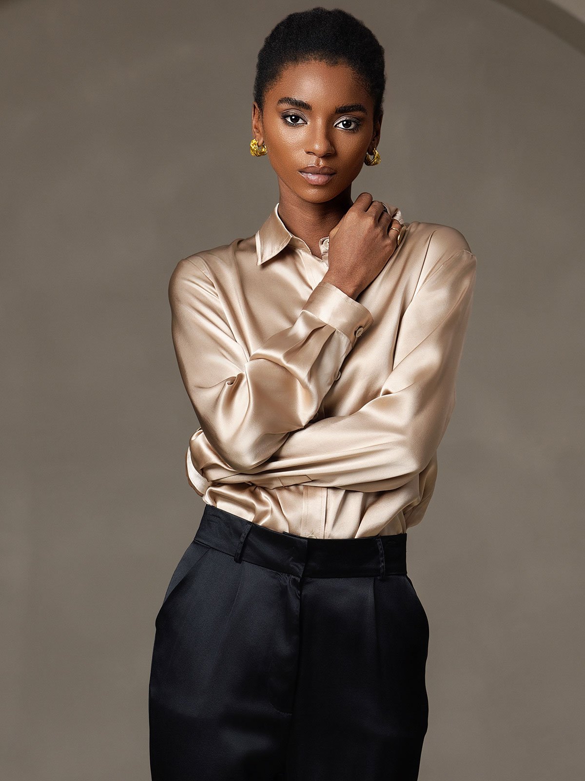 [Champagne] SilkSilky-SE 19Momme Lång Ärm Slagkrage Damskjorta 005