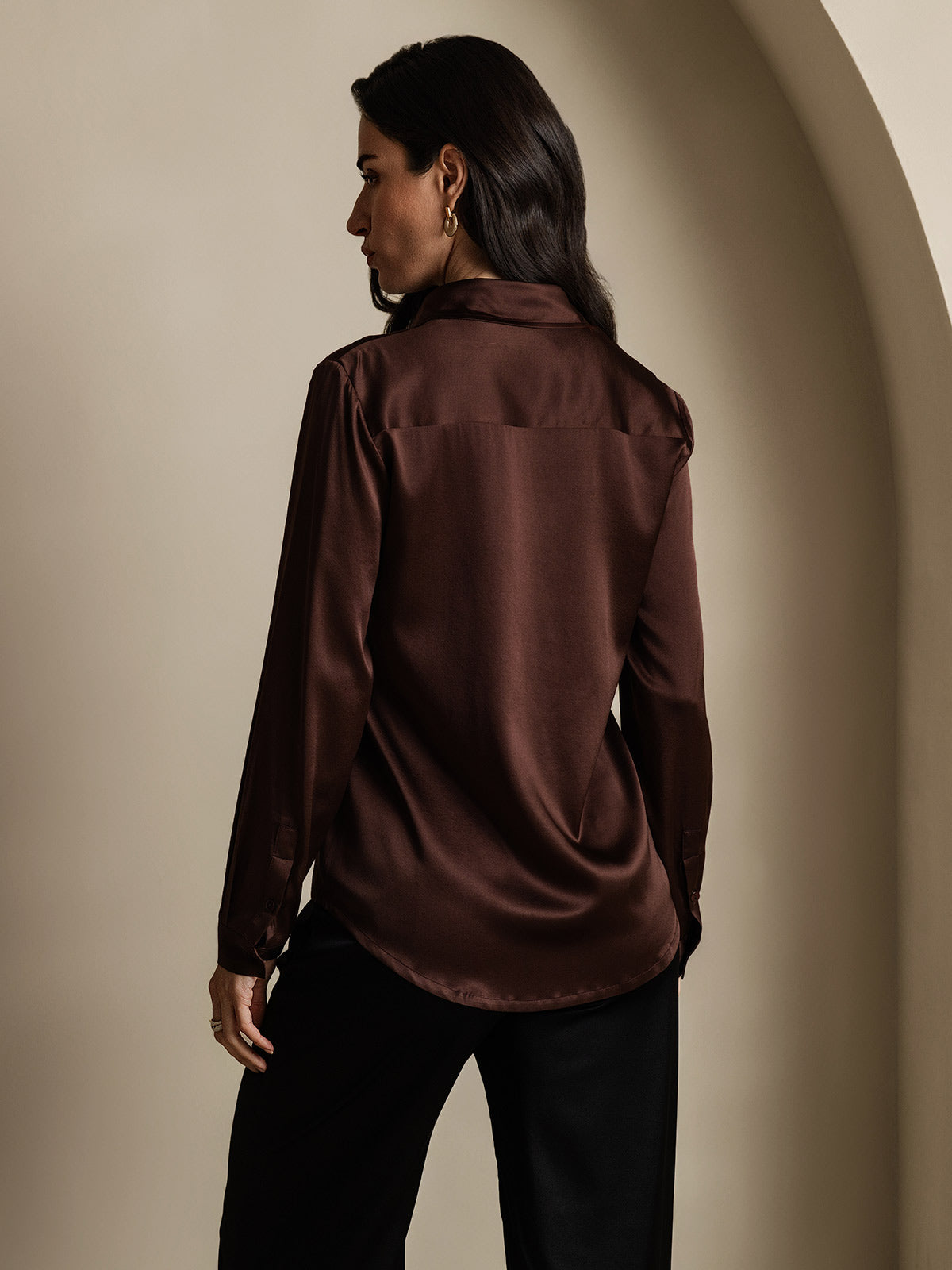 [Kaffe] SilkSilky-SE 19Momme Lång Ärm Slagkrage Damskjorta 002