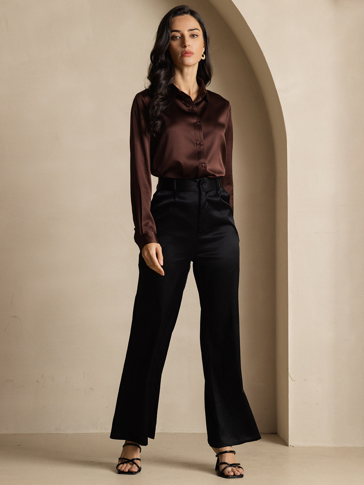 [Kaffe] SilkSilky-SE 19Momme Lång Ärm Slagkrage Damskjorta 009