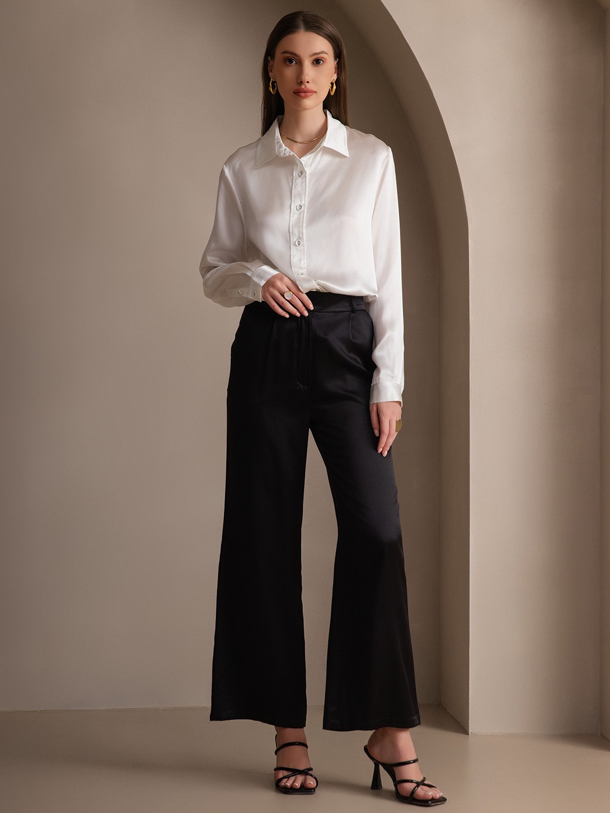 [Vit] SilkSilky-SE 19Momme Lång Ärm Slagkrage Damskjorta 008