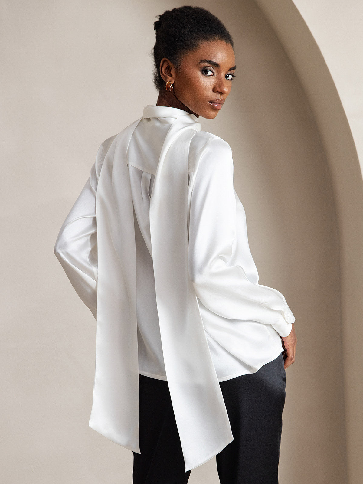 [Vit] SilkSilky-SE 19Momme Silke Lång Ärm Blouse 002