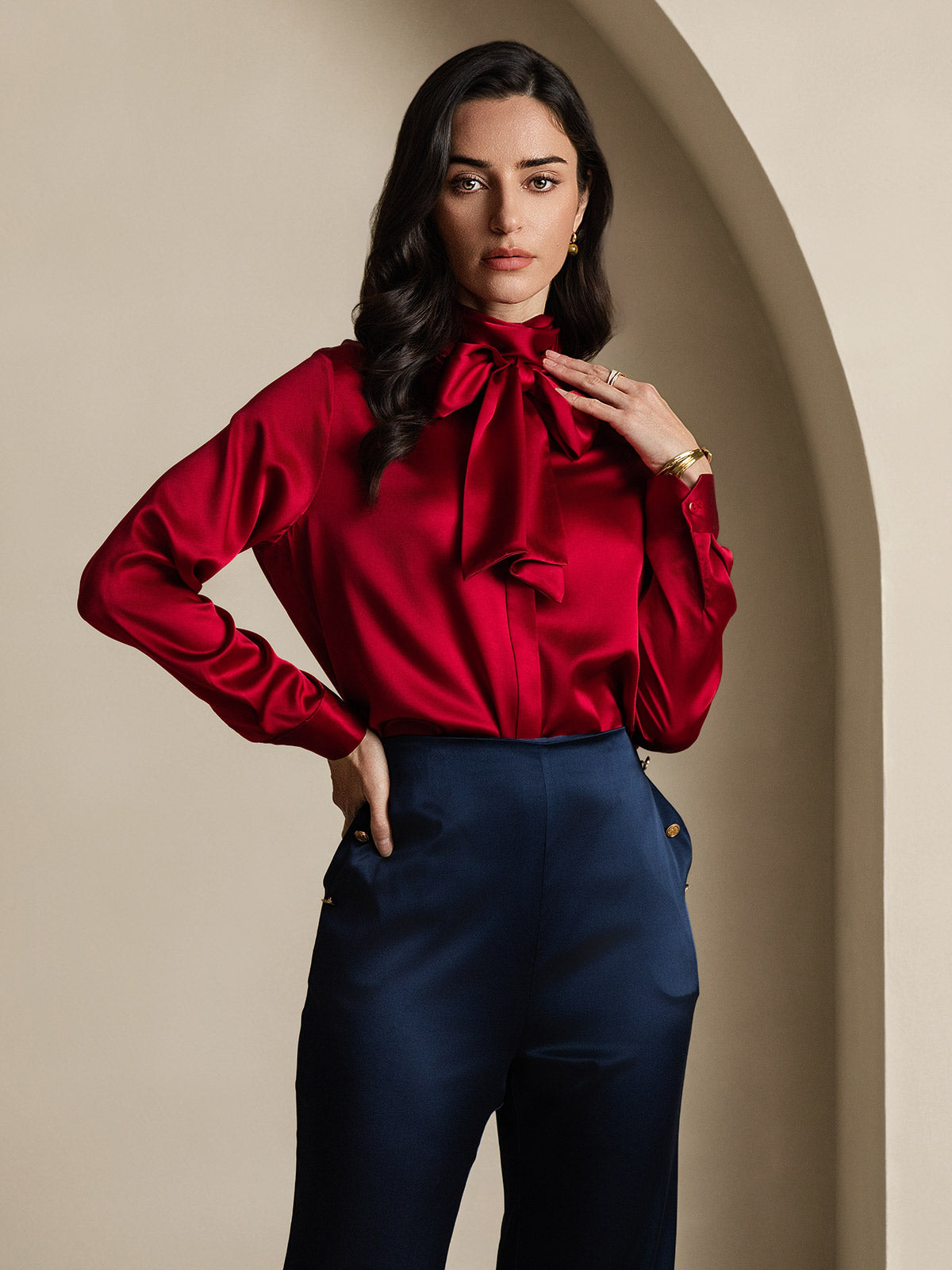 [Vin] SilkSilky-SE 19Momme Silke Lång Ärm Blouse 004