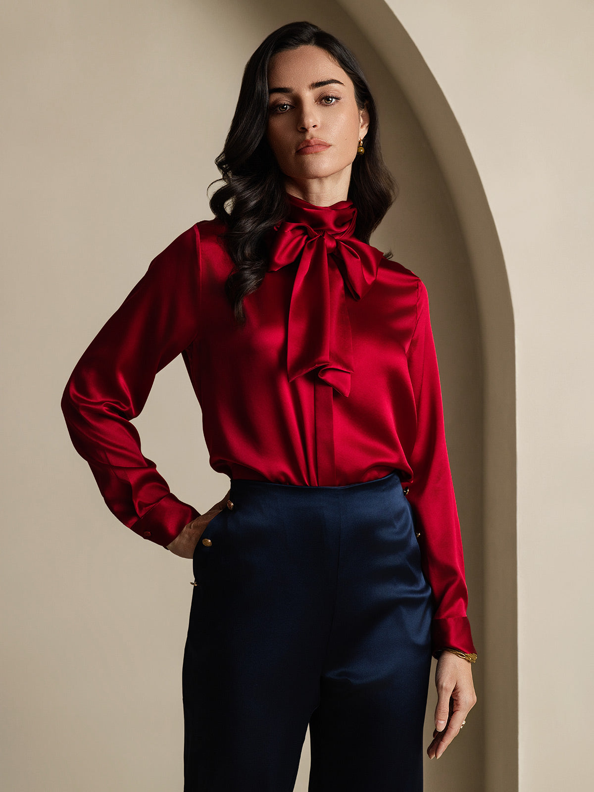 [Vin] SilkSilky-SE 19Momme Silke Lång Ärm Blouse 005