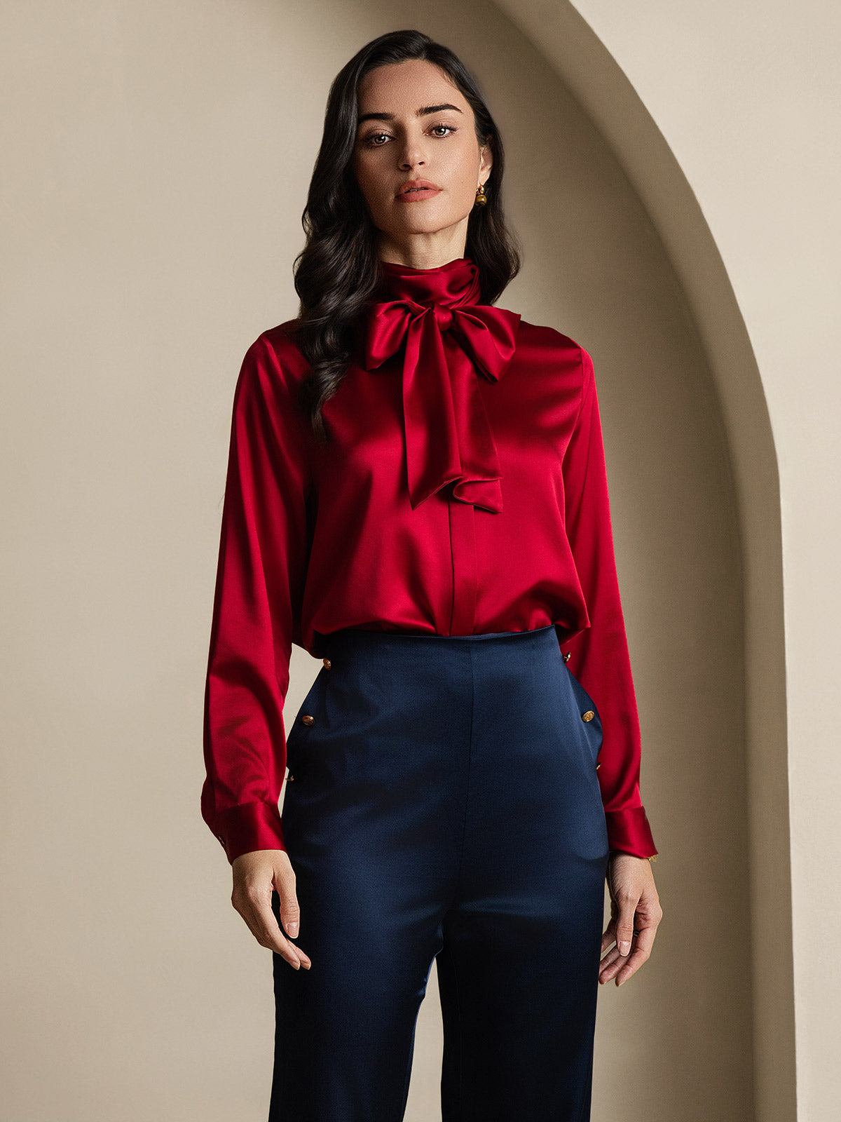 [Vin] SilkSilky-SE 19Momme Silke Lång Ärm Blouse 006