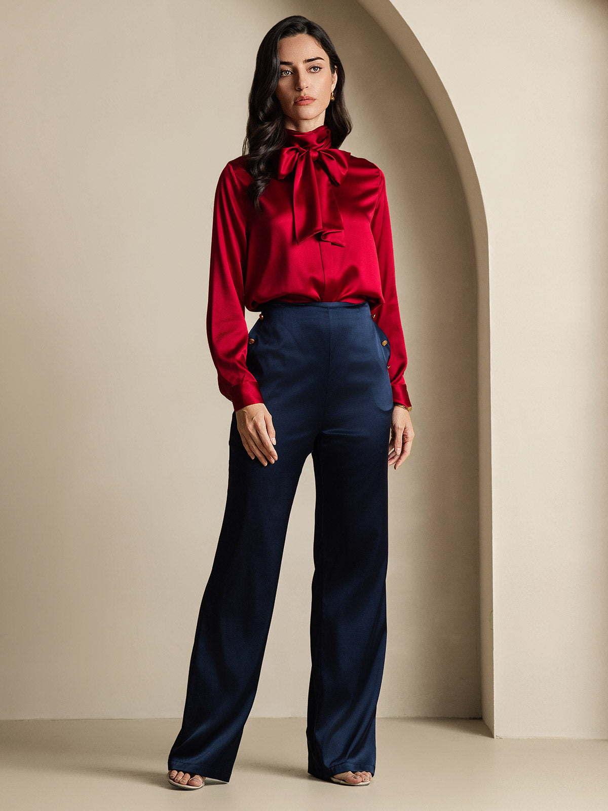 [Vin] SilkSilky-SE 19Momme Silke Lång Ärm Blouse 007