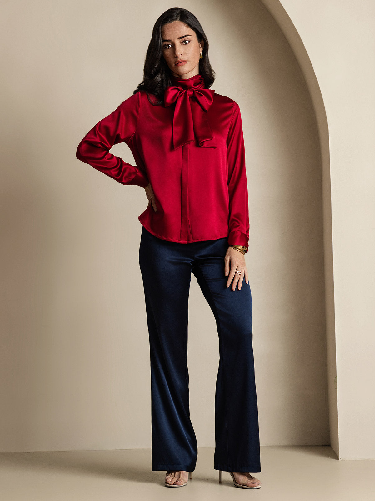 [Vin] SilkSilky-SE 19Momme Silke Lång Ärm Blouse 008