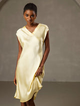 [Gul] SilkSilky-SE Cap Sleeve V Neck Klänning 003