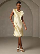 [Gul] SilkSilky-SE Cap Sleeve V Neck Klänning 005