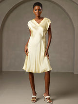 [Gul] SilkSilky-SE Cap Sleeve V Neck Klänning 006