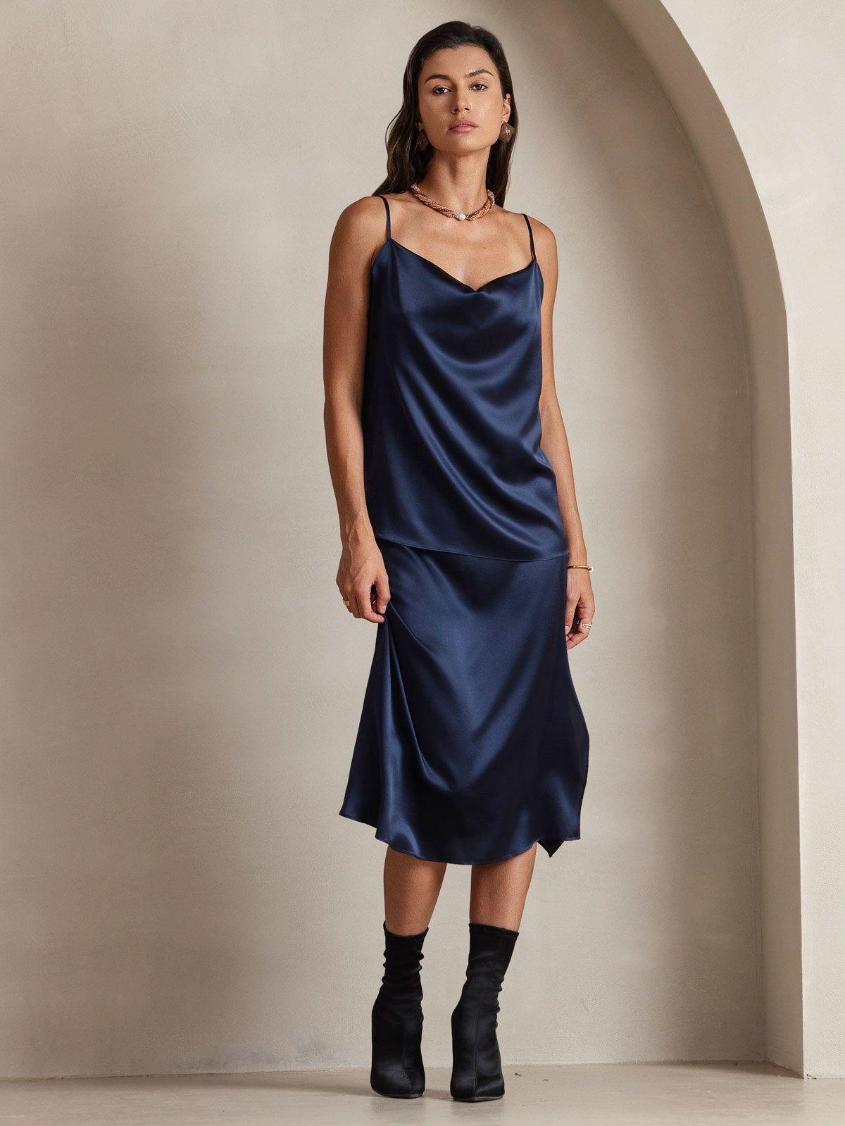 [Mörkblå] SilkSilky-SE 19Momme Spaghetti Rem Cowl Halsringning Cami Toppar 007