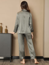 [Grågrön] SilkSilky-SE Rent Silke Lång Ärm Womens Pajamas 002