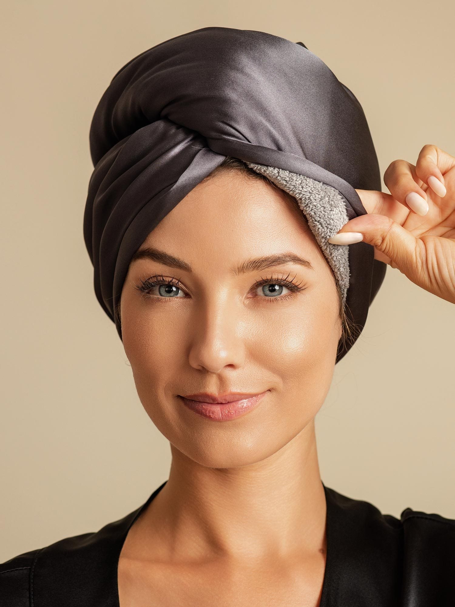 [Mörkgrå] SilkSilky-SE Rent Silke Hair Towel Wrap 005,