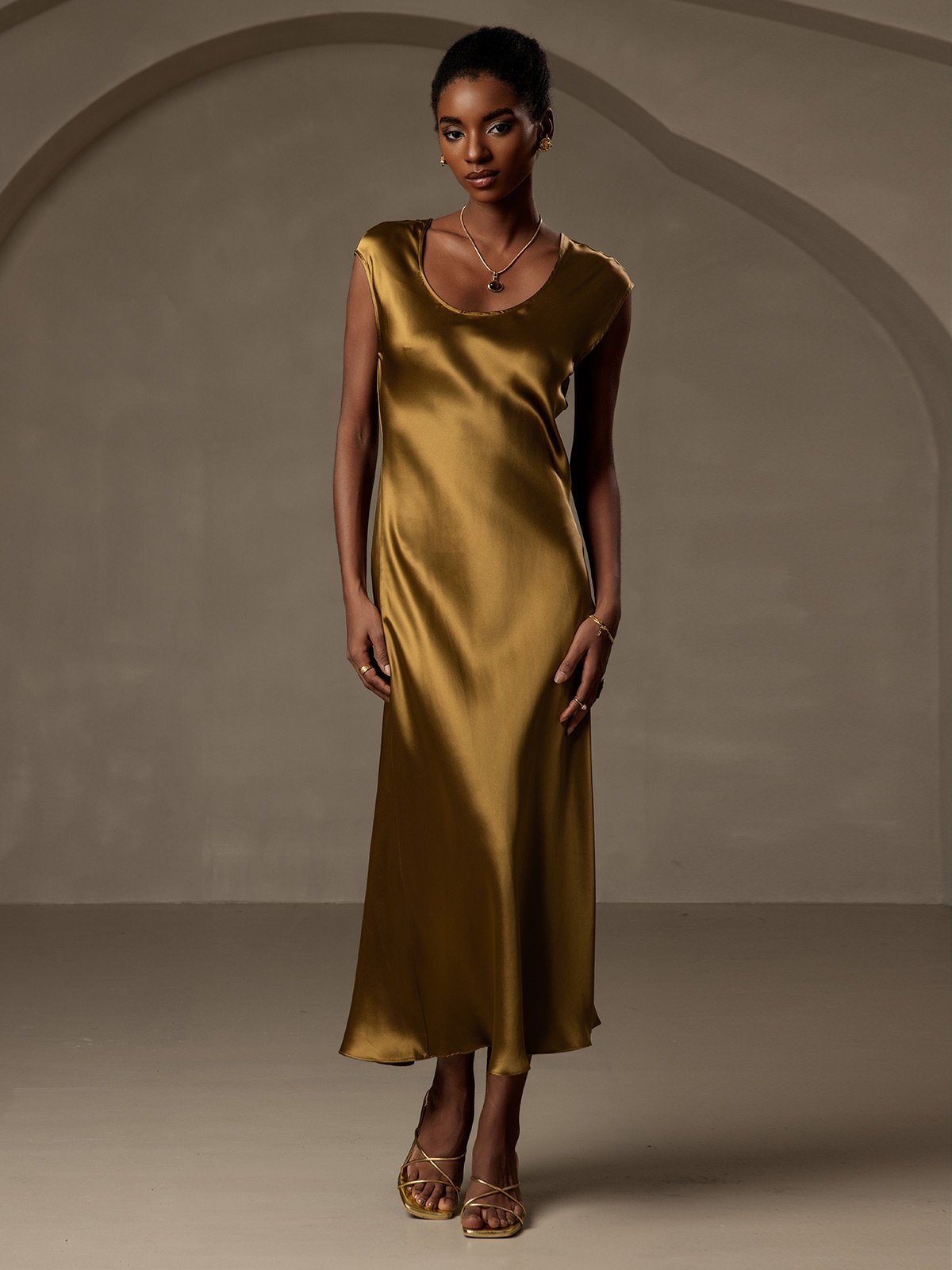 [Brun] SilkSilky-SE Cap Sleeve Klänning 001