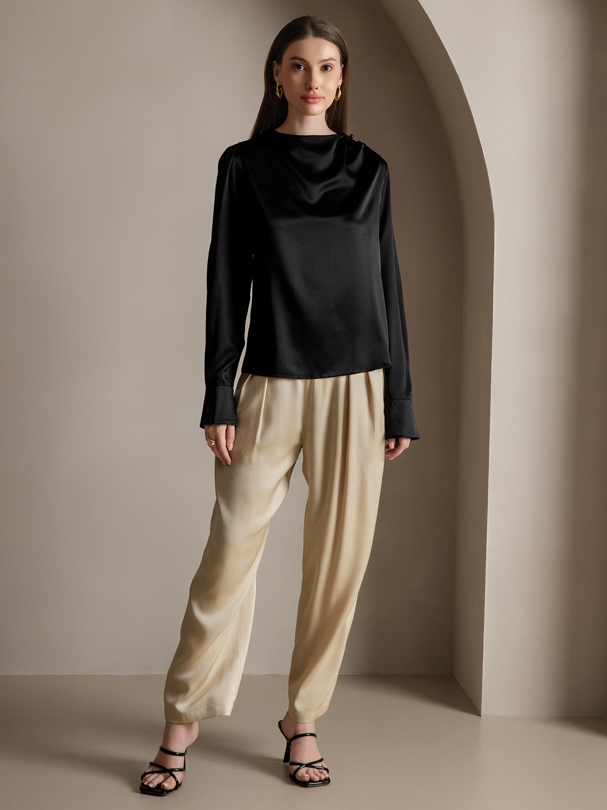 [Svart] SilkSilky-SE 19Momme Silke Womens Shirt 008