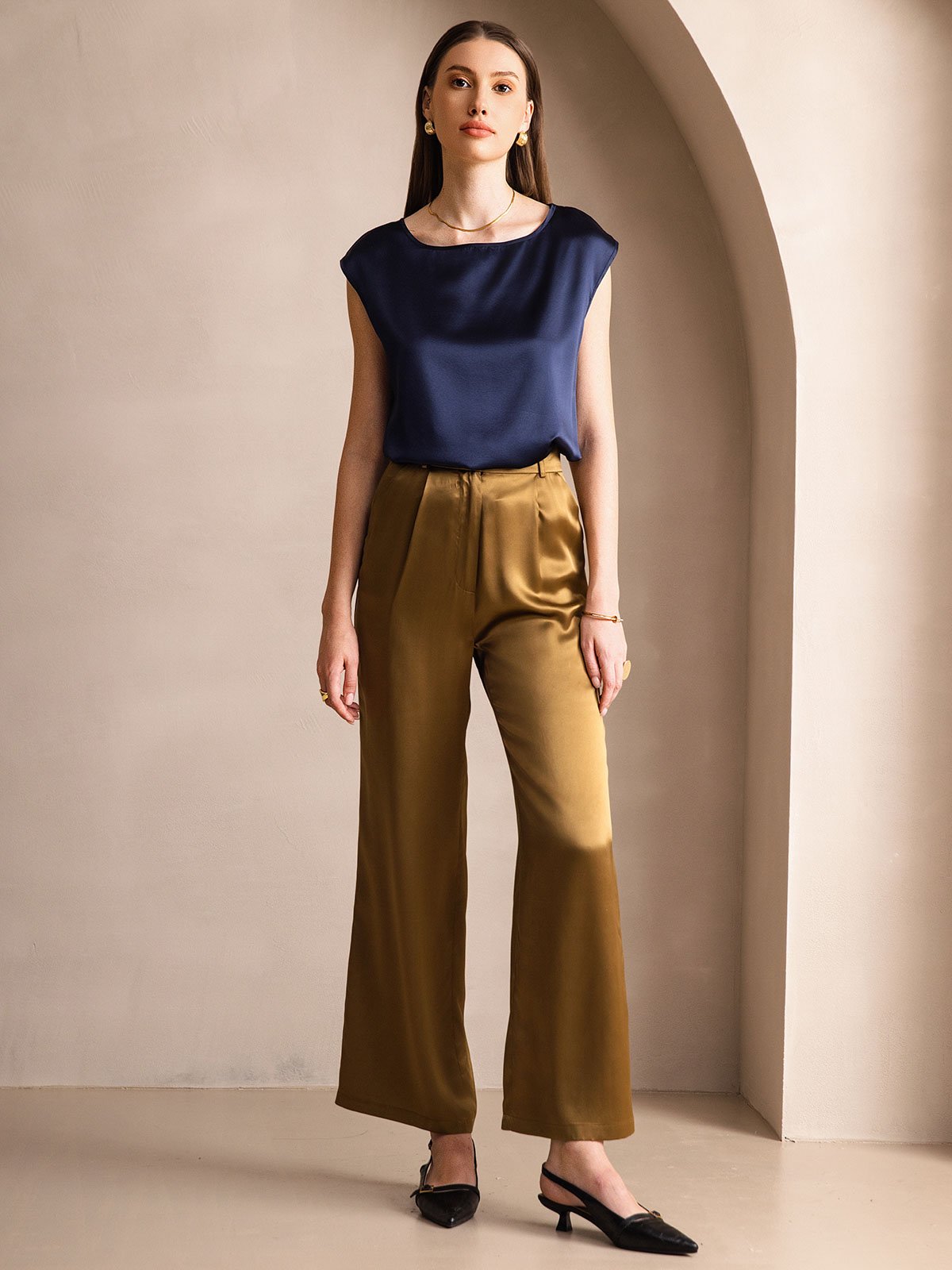 [Mörkblå] SilkSilky-SE 19Momme Silke Womens T-Shirt 004