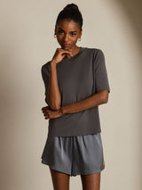 [Grå] SilkSilky-SE Half Sleeve Crewkrage Dam T-Shirt 005