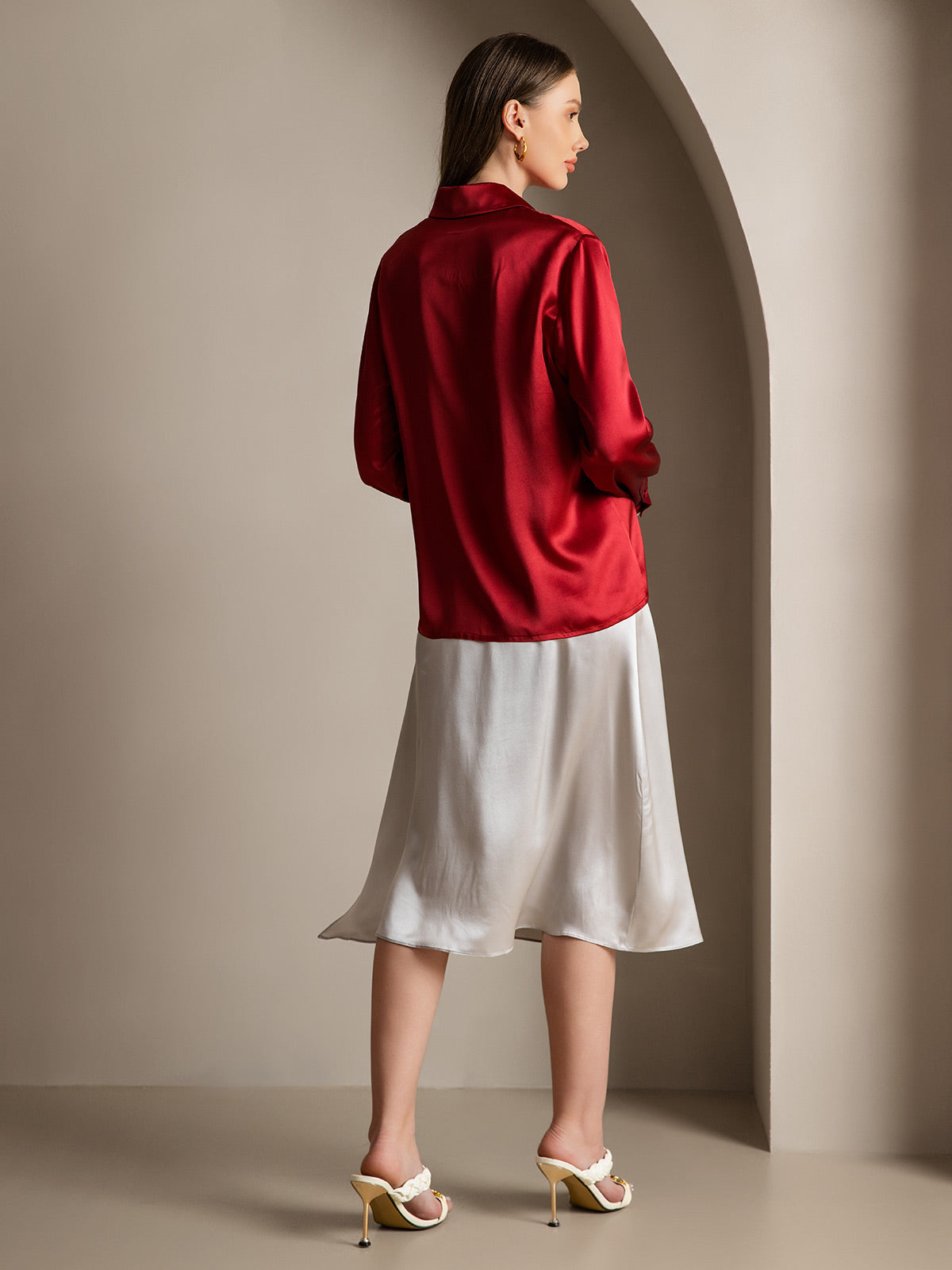 [Vin] SilkSilky-SE 19Momme Silke Lapel Collar Damskjorta 002