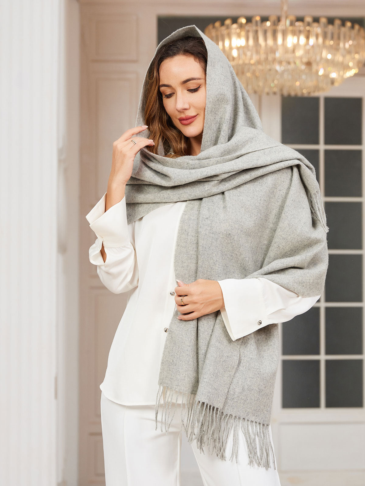 [Ljusgrå] SilkSilky-SE Ull Scarf 002