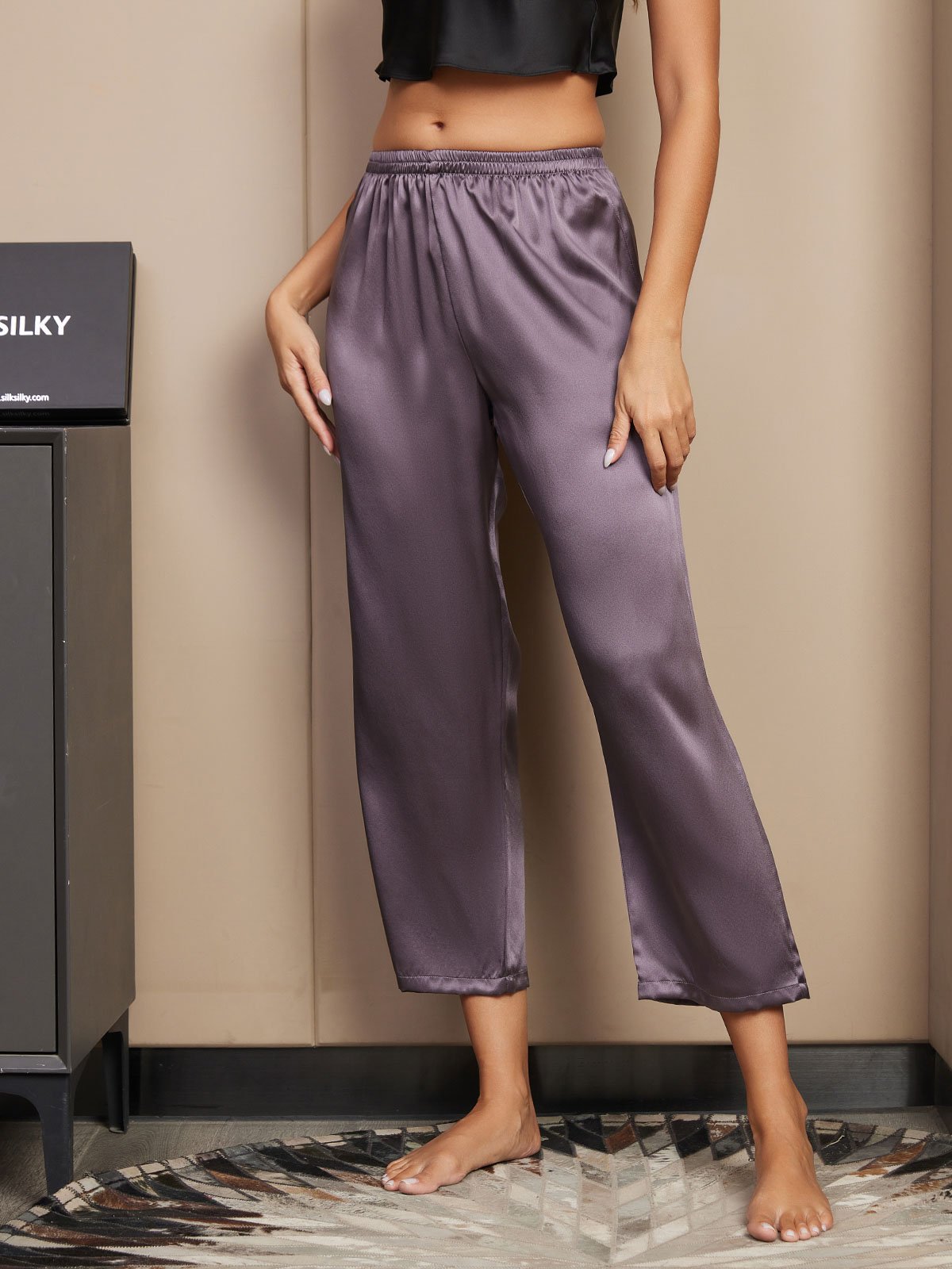 [Lila Grå] SilkSilky-SE Rent Silke Womens Sleep Bottoms 004