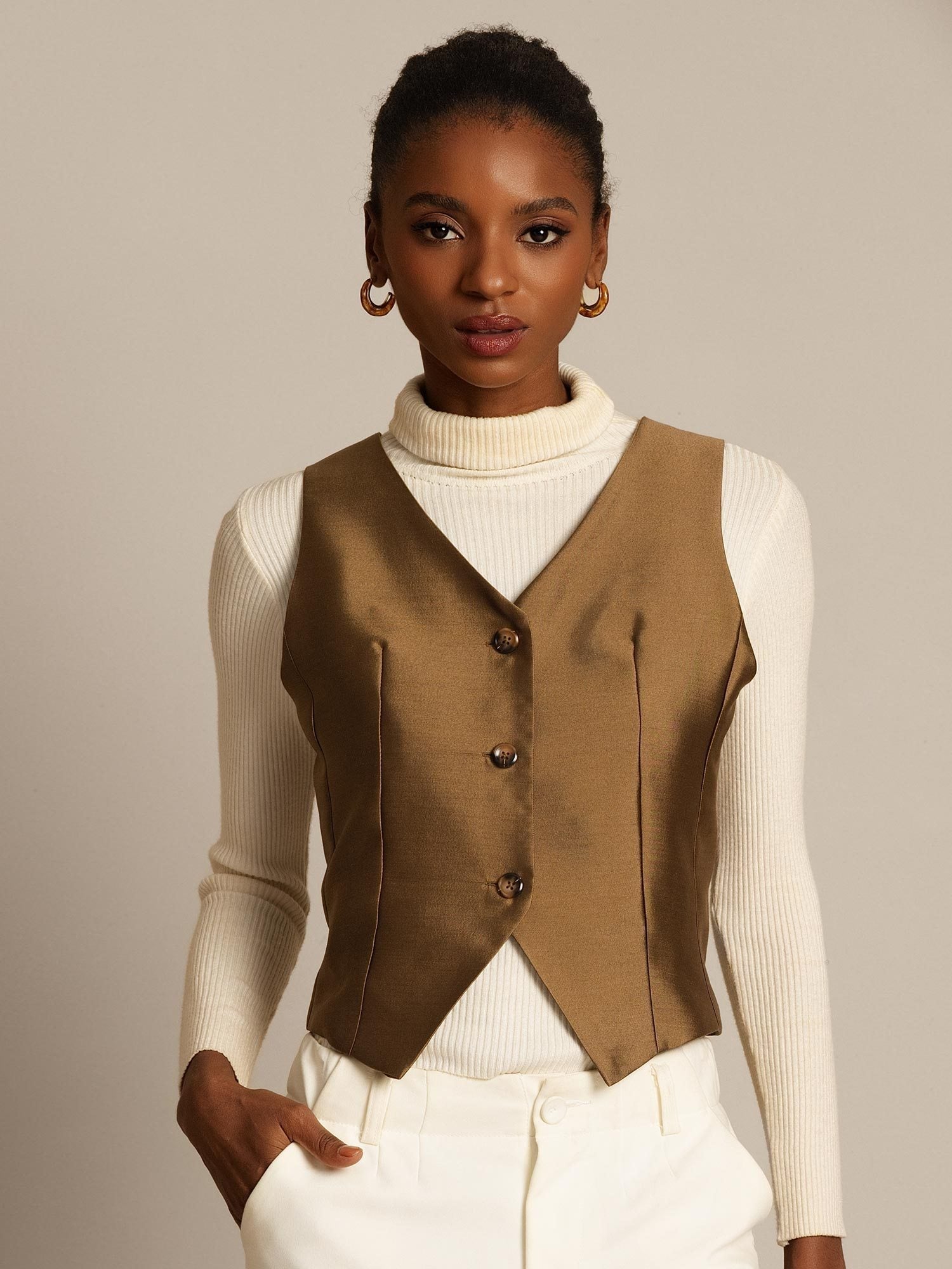 [Brons] SilkSilky-SE 32Momme Silk-Wool Blend Womens Vest 002,