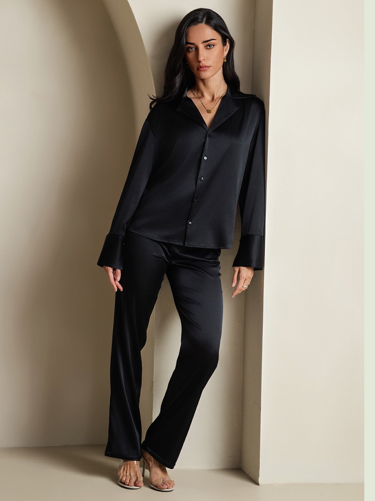 [Svart] SilkSilky-SE 19Momme Silke Womens Shirt 008
