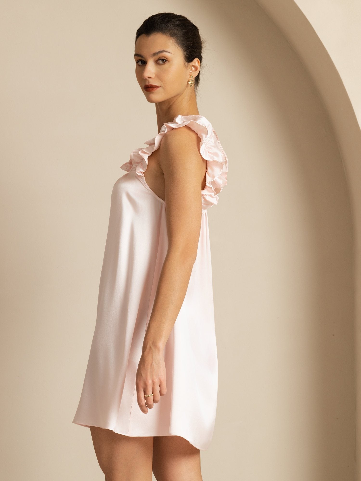 [Rosa] SilkSilky-SE 19Momme Silke Ärmlös Fyrkantig Ringning Klänning 004