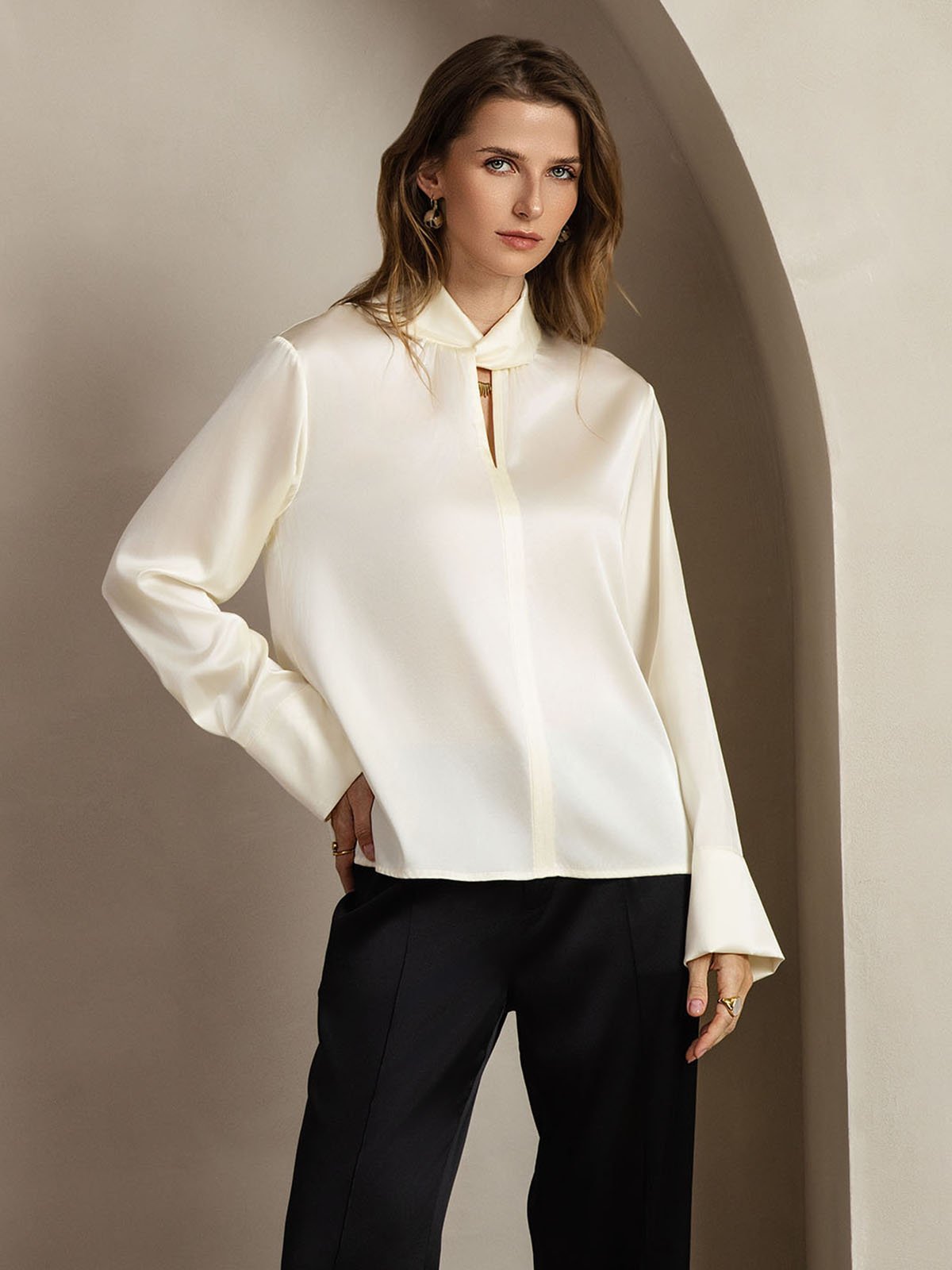 [Elfenben] SilkSilky-SE 19Momme Silke Womens Shirt 008