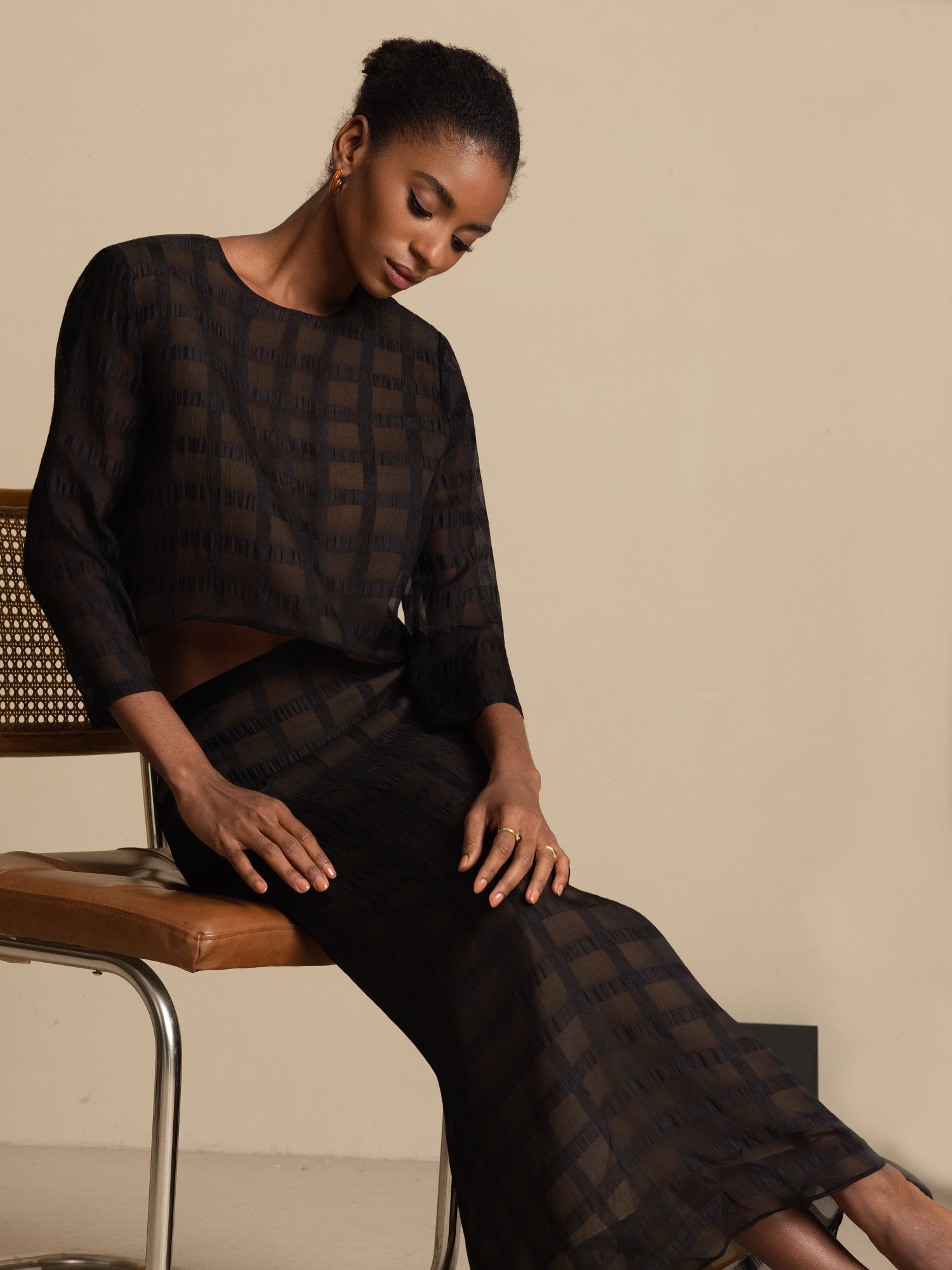 [Svart] SilkSilky-SE Rent Silke Lång Ärm Rund Halsringning Women''s Outfit Sets 008