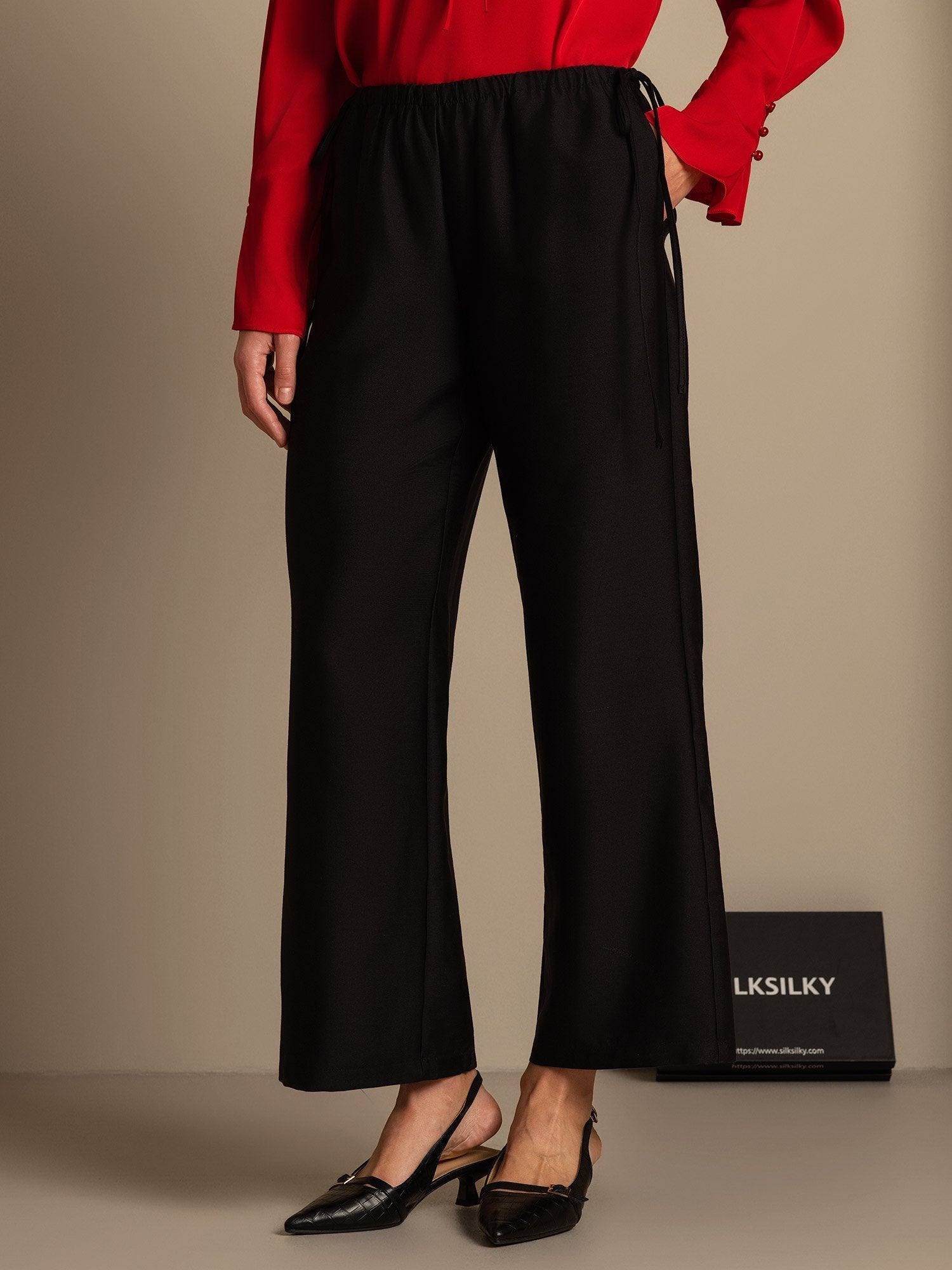 [Svart] SilkSilky-SE 32Momme Silk-Wool Blend Womens Pants 003,