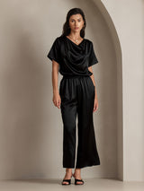 [Svart] SilkSilky-SE Short Sleeve Cowl Neck Damblusar 006