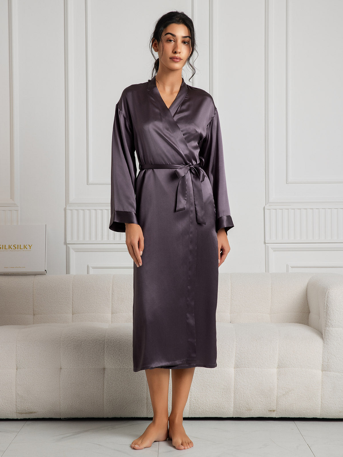 [Lila Grå] SilkSilky-SE Rent Silke Womens Robe 001