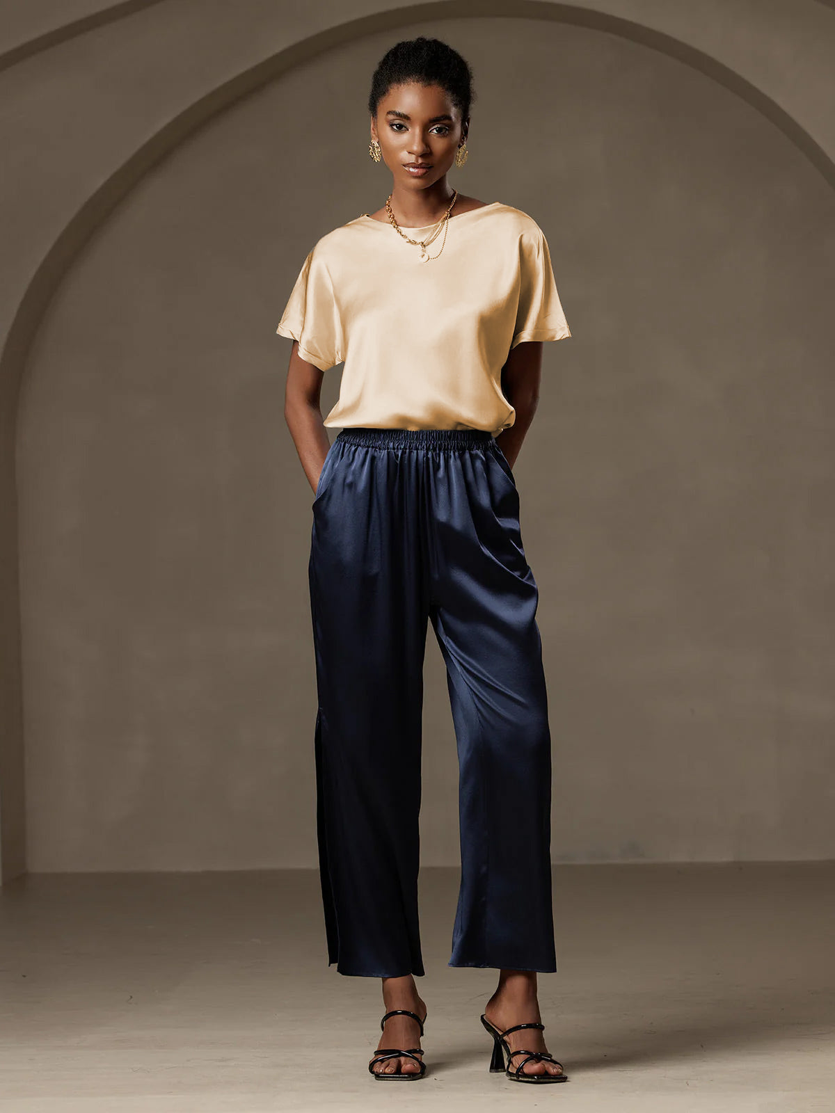 [Champagne] SilkSilky-SE 19Momme Silke Womens T-Shirt 005