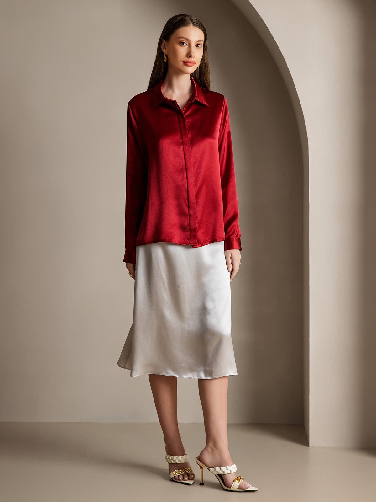 [Vin] SilkSilky-SE 19Momme Silke Lapel Collar Damskjorta 004