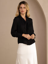 [Svart] SilkSilky-SE Long Sleeve Tie Neck Damblusar 003