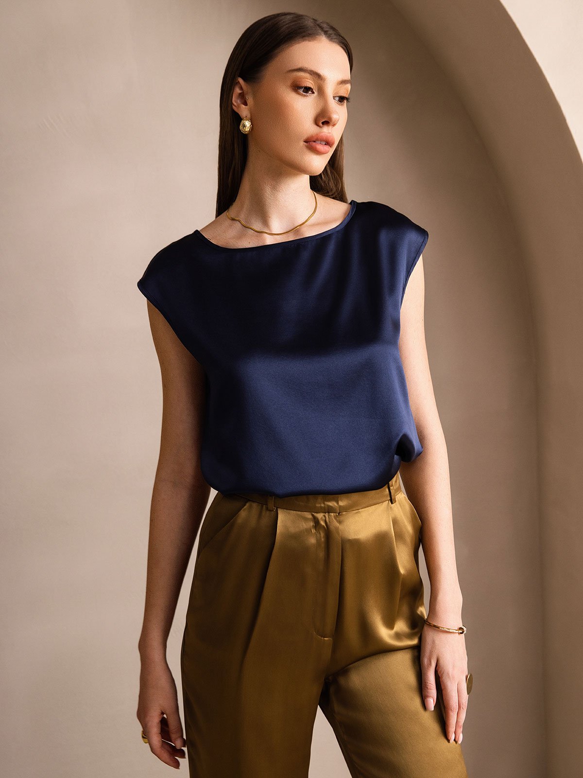 [Mörkblå] SilkSilky-SE 19Momme Silke Womens T-Shirt 001