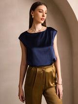 [Mörkblå] SilkSilky-SE Cap Sleeve Round Neck Dam T-Shirt 001