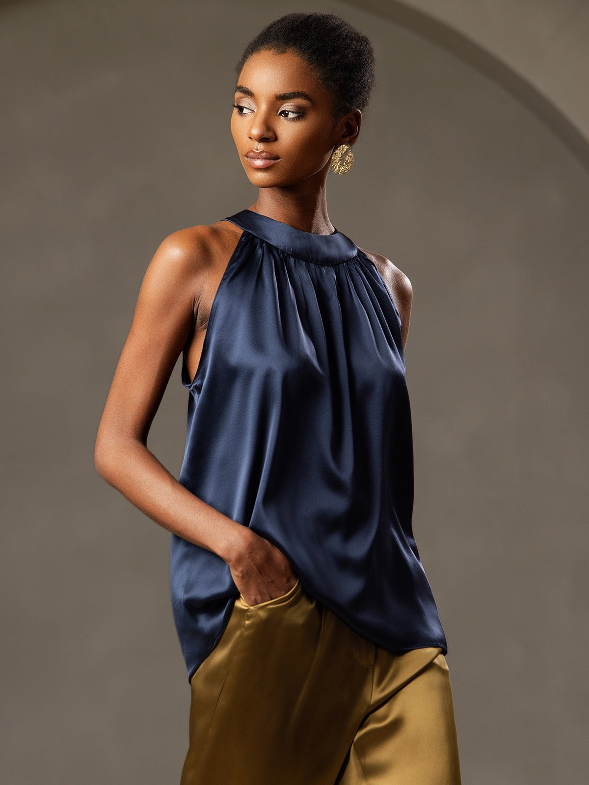 [Mörkblå] SilkSilky-SE 19Momme Silke Ärmlös Womens T-Shirt 001