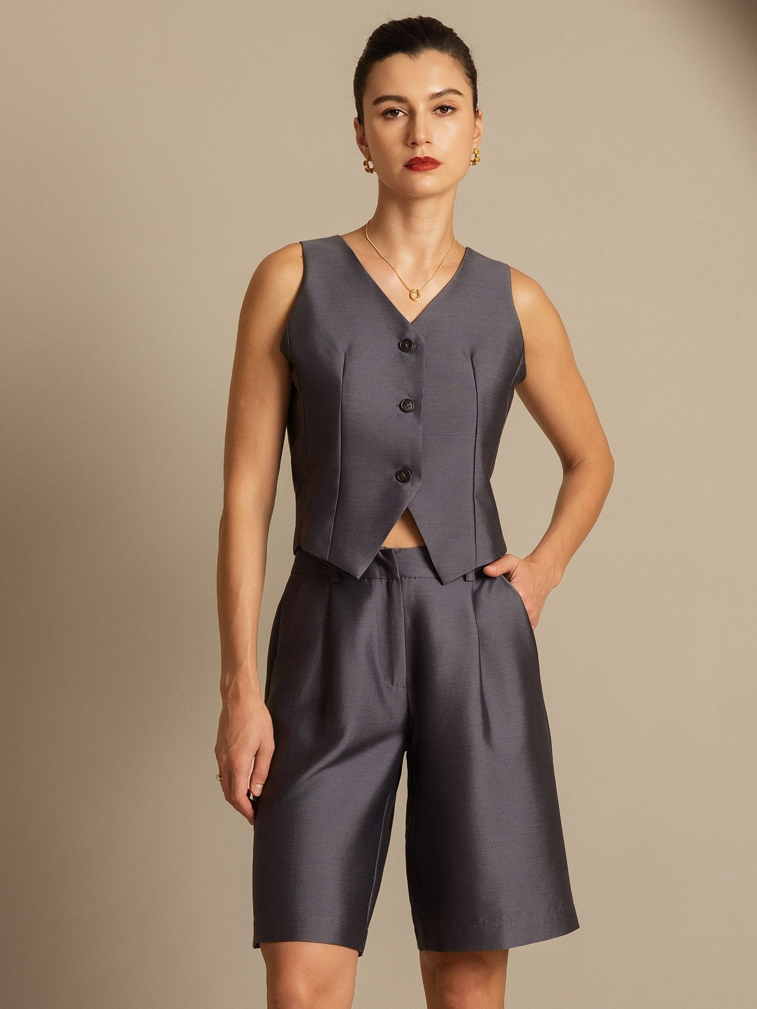 [Grå] SilkSilky-SE 32Momme Silk-Wool Blend Womens Vest 006,