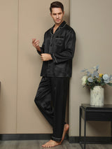 [Svart] SilkSilky-SE Long Sleeve Lapel Collar Herr Pyjama 005