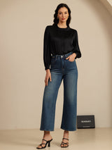 [Svart] SilkSilky-SE 19Momme Long Sleeve Round Neck Blus 007